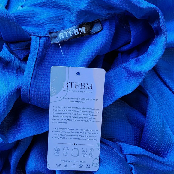 NWT BTFBM Blue Turquoise 3/4 Sleeve Satin Mini Stretch Dress A-Line Ruffle Hem L - Picture 16 of 16